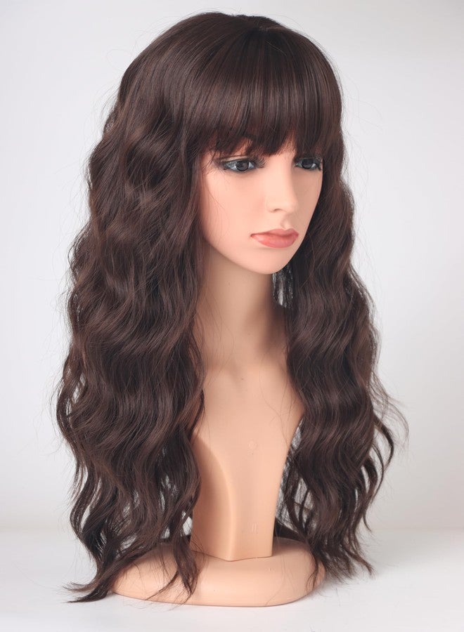 SYMEIW Medium Long Brown Wavy Wigs For Women Synthetic Full Hair Wigs With Bangs For Daily Use (brown) - Image 4